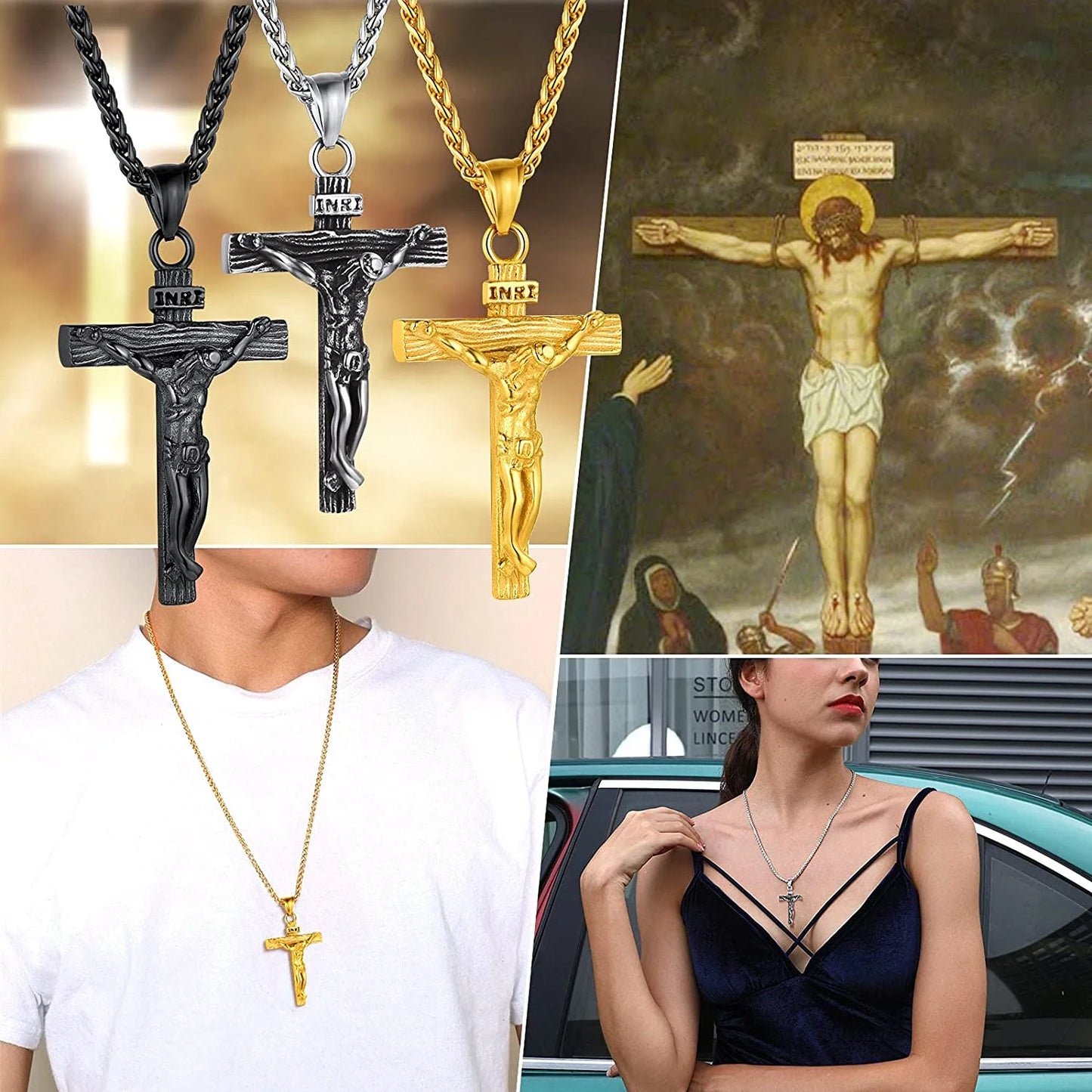 Mens Cross Necklace Stainless Steel INRI Crucifix Pendant Necklace Jesus Piece Religious Praying Jewelry for Christian Dad Father'S Day Gift