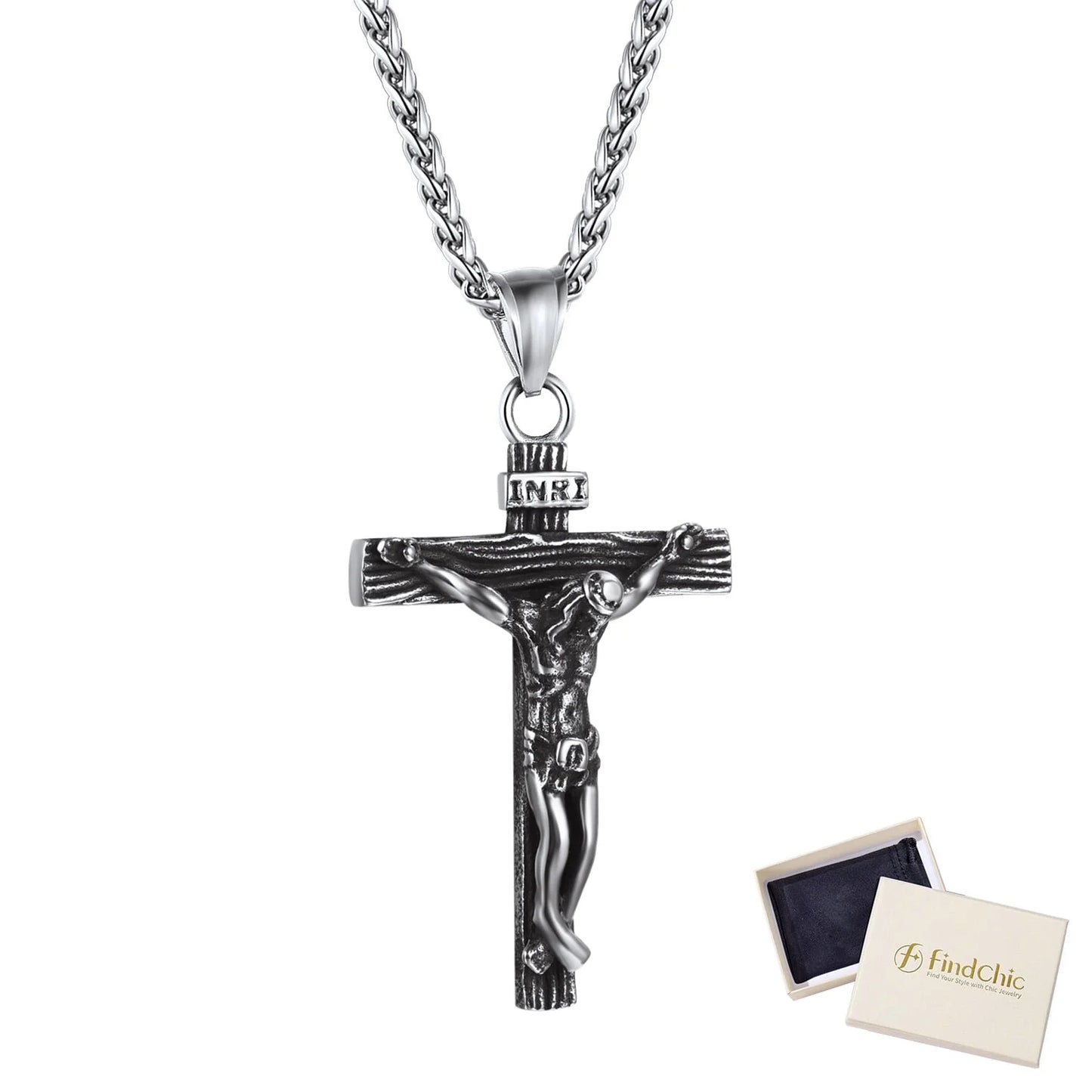 Mens Cross Necklace Stainless Steel INRI Crucifix Pendant Necklace Jesus Piece Religious Praying Jewelry for Christian Dad Father'S Day Gift