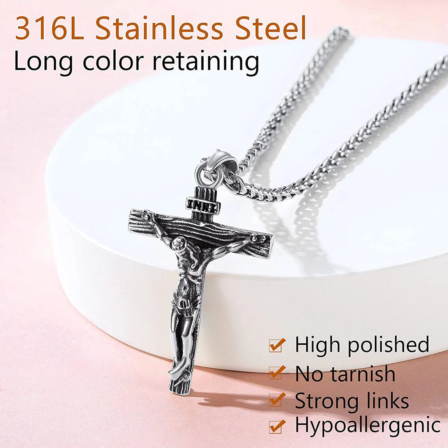 Mens Cross Necklace Stainless Steel INRI Crucifix Pendant Necklace Jesus Piece Religious Praying Jewelry for Christian Dad Father'S Day Gift