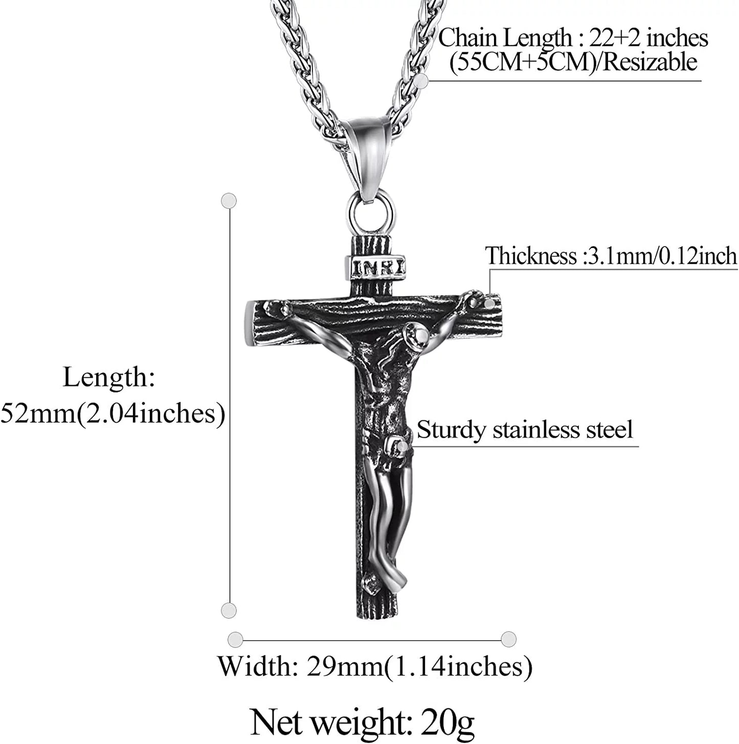 Mens Cross Necklace Stainless Steel INRI Crucifix Pendant Necklace Jesus Piece Religious Praying Jewelry for Christian Dad Father'S Day Gift