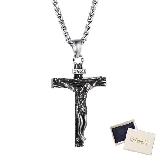 Mens Cross Necklace Stainless Steel INRI Crucifix Pendant Necklace Jesus Piece Religious Praying Jewelry for Christian Dad Father'S Day Gift